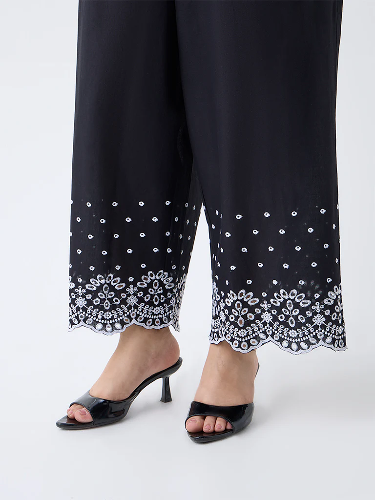 Diza Black Schiffli Embroidered Cotton Palazzos - Image 3