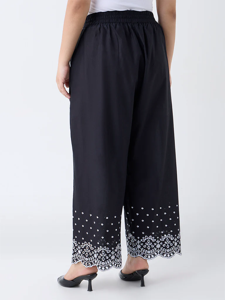 Diza Black Schiffli Embroidered Cotton Palazzos - Image 4