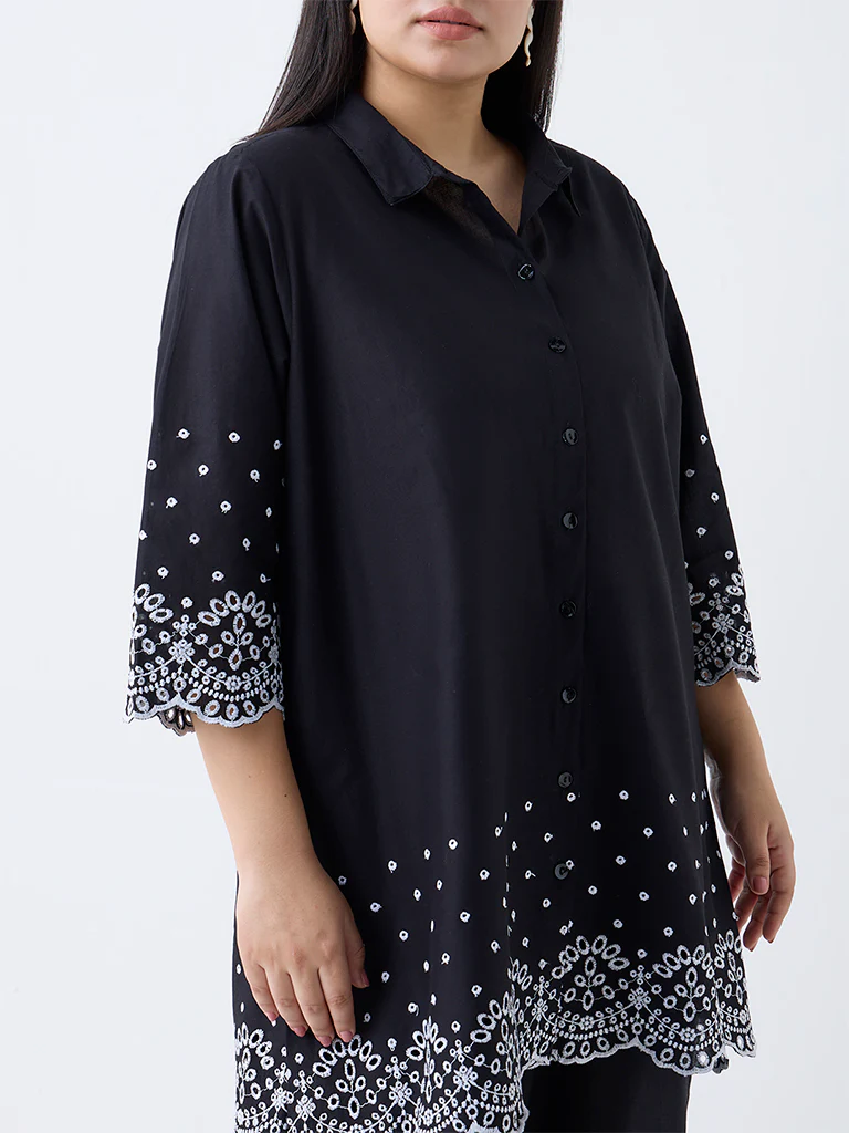 Diza Black Schiffli Embroidered Cotton Tunic - Image 3