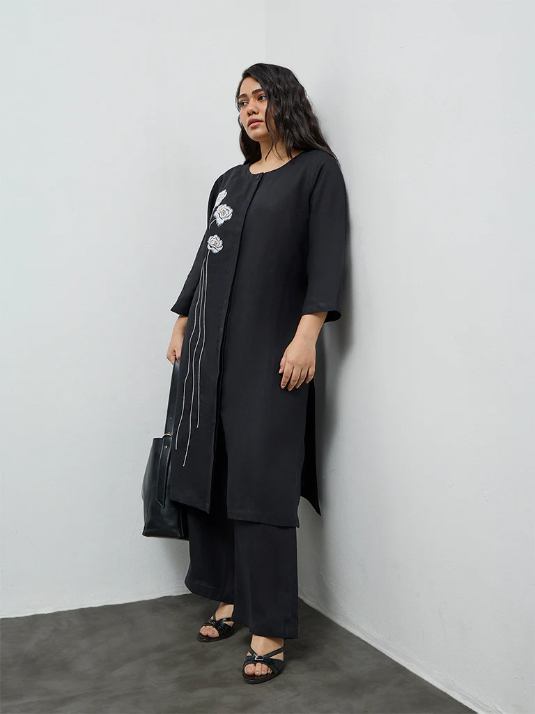 Diza Black Solid Linen Pants
