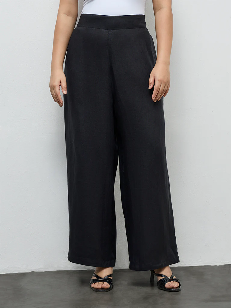 Diza Black Solid Linen Pants - Image 2