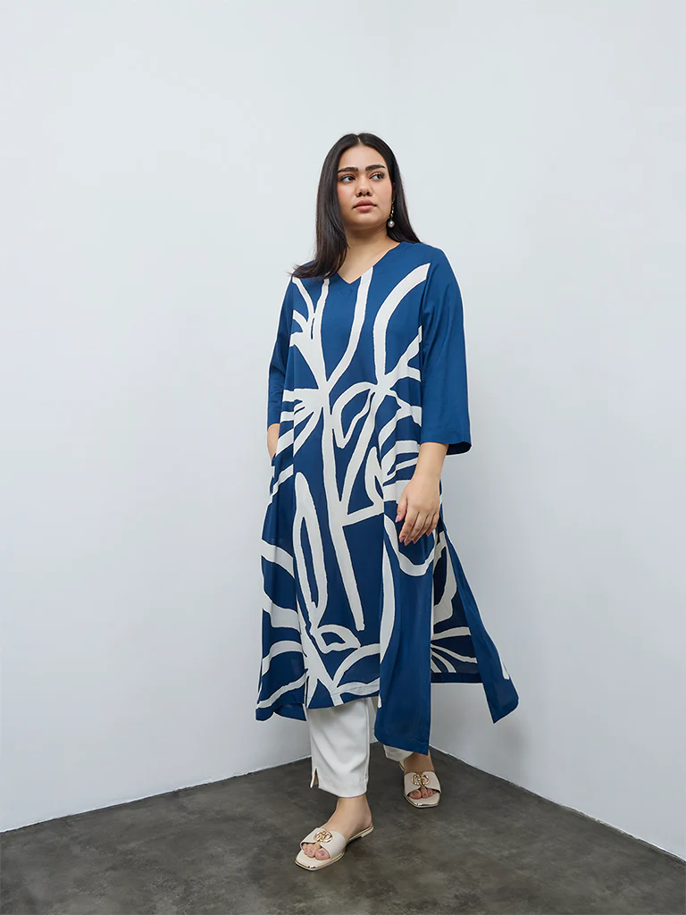 Diza Blue Abstract Printed A-Line Kurta - Image 2