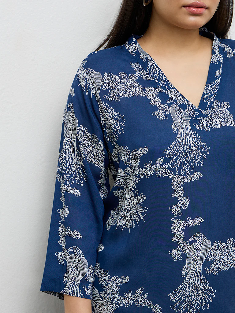 Diza Blue Bird Printed A-Line Kurta - Image 3