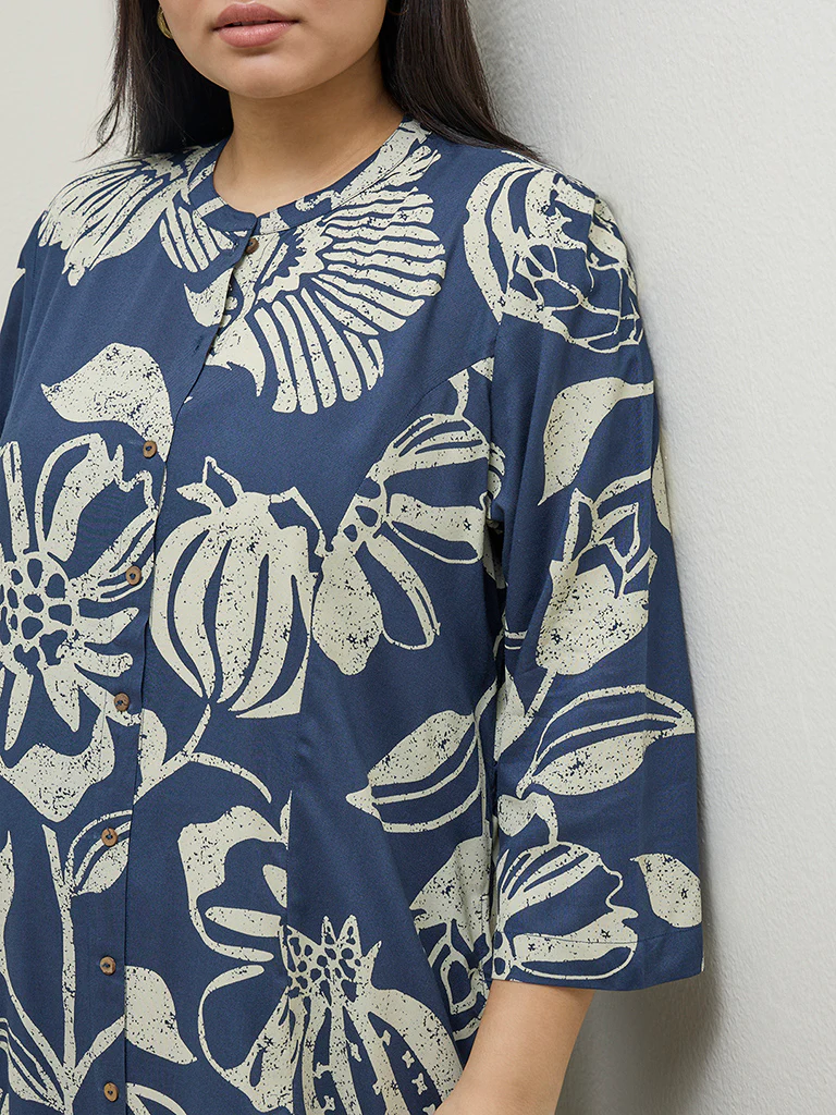 Diza Blue Botanical Printed A-Line Kurta - Image 3