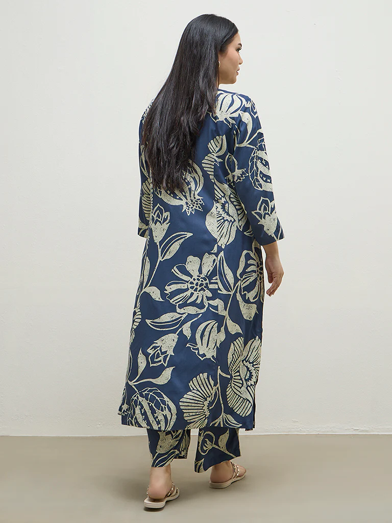 Diza Blue Botanical Printed A-Line Kurta - Image 4