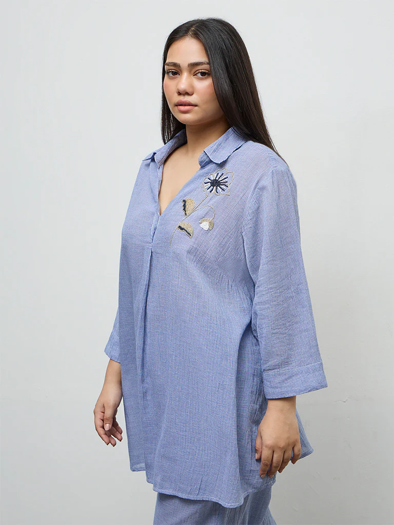 Diza Blue Floral Embellished Cotton Tunic