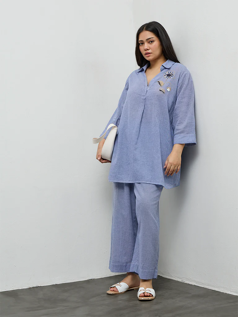Diza Blue Floral Embellished Cotton Tunic - Image 2