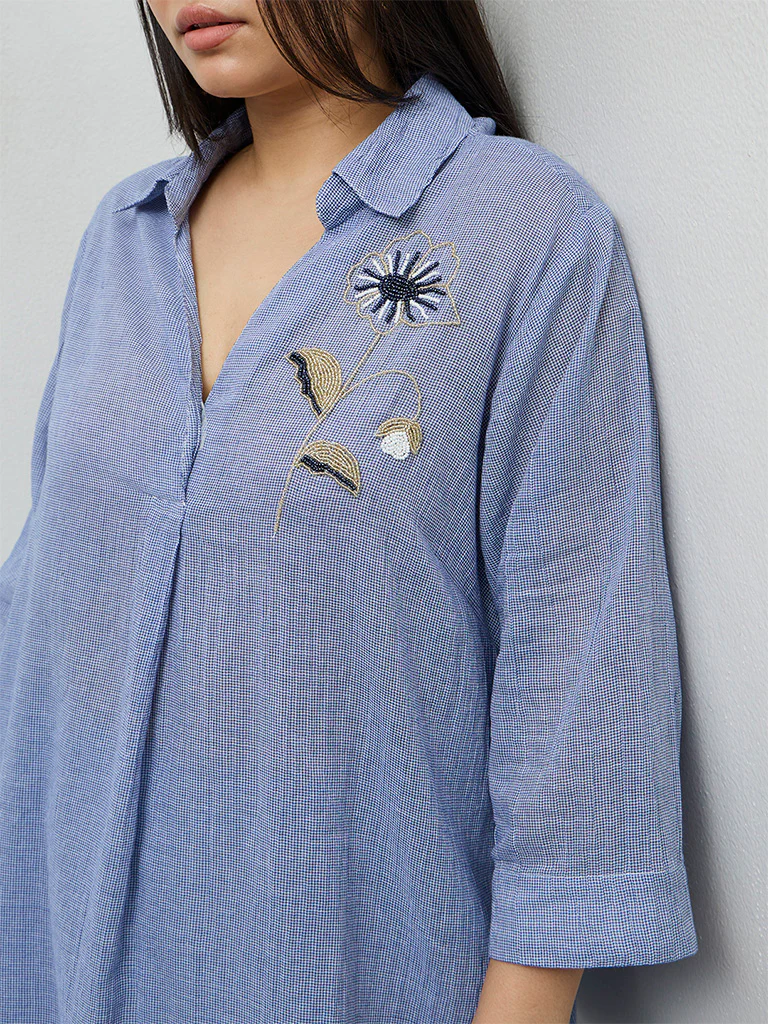 Diza Blue Floral Embellished Cotton Tunic - Image 3