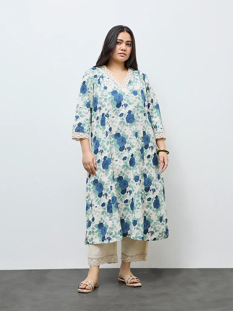 Diza Blue Floral Printed Cotton-Blend A-Line Kurta - Image 2