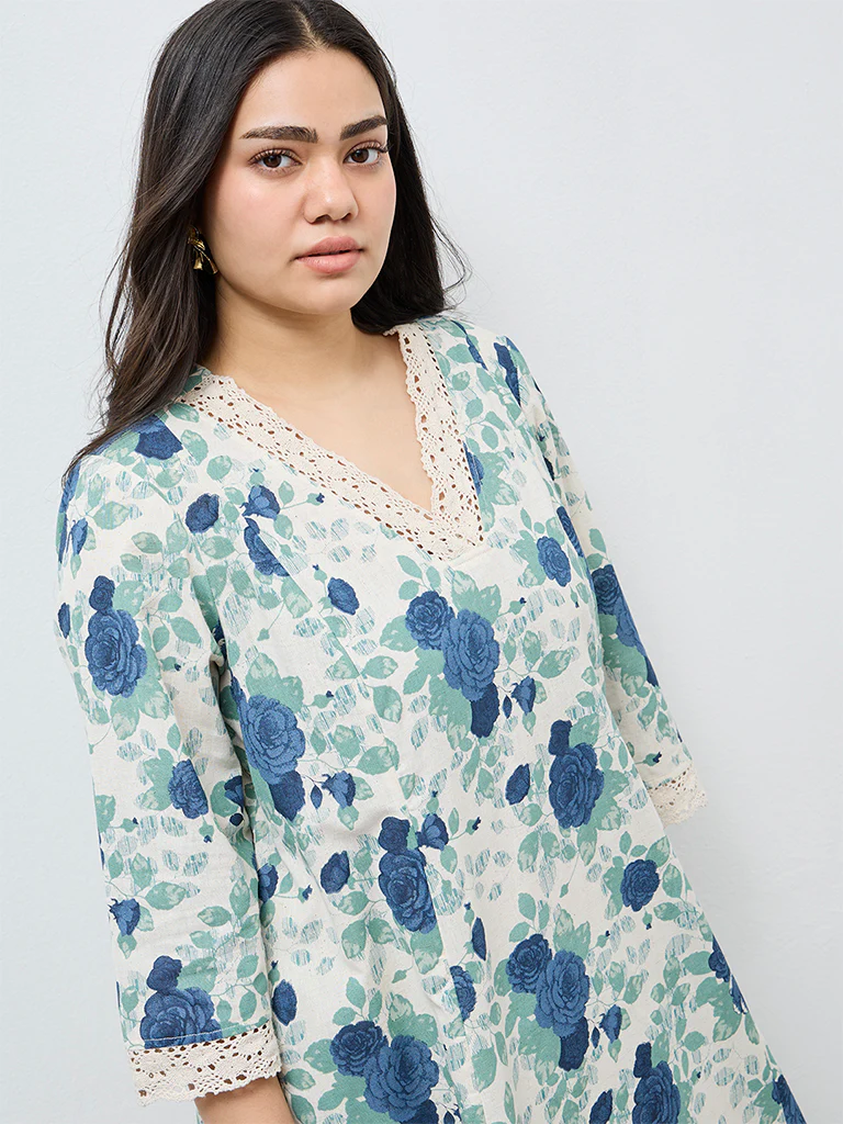 Diza Blue Floral Printed Cotton-Blend A-Line Kurta - Image 3