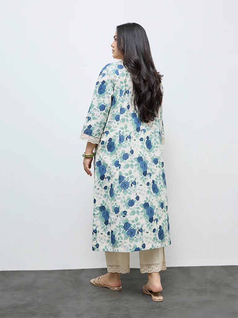 Diza Blue Floral Printed Cotton-Blend A-Line Kurta - Image 4