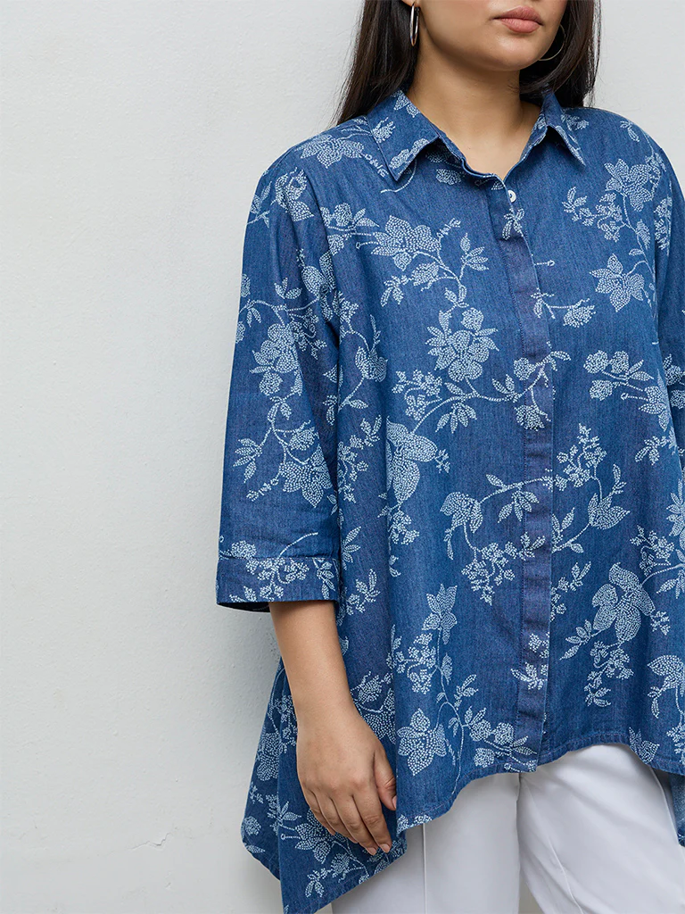 Diza Blue Floral Printed Denim Tunic - Image 3