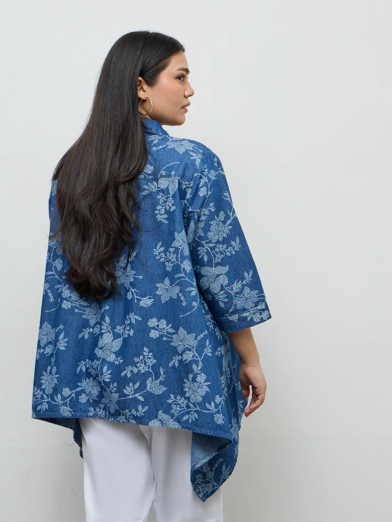 Diza Blue Floral Printed Denim Tunic - Image 4