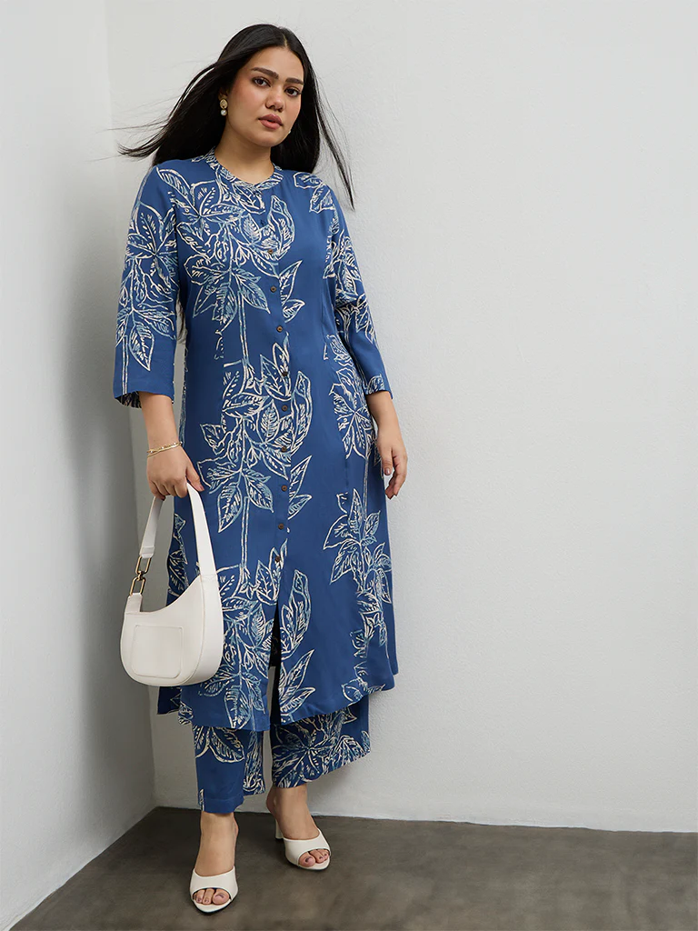 Diza Blue Foliage Pattern A-Line Kurta - Image 2