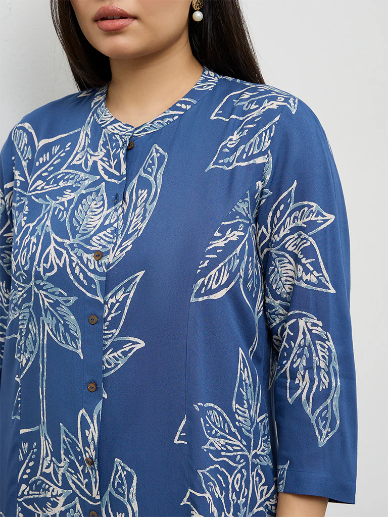 Diza Blue Foliage Pattern A-Line Kurta - Image 3