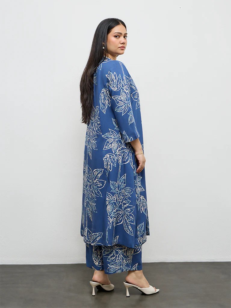 Diza Blue Foliage Pattern A-Line Kurta - Image 4
