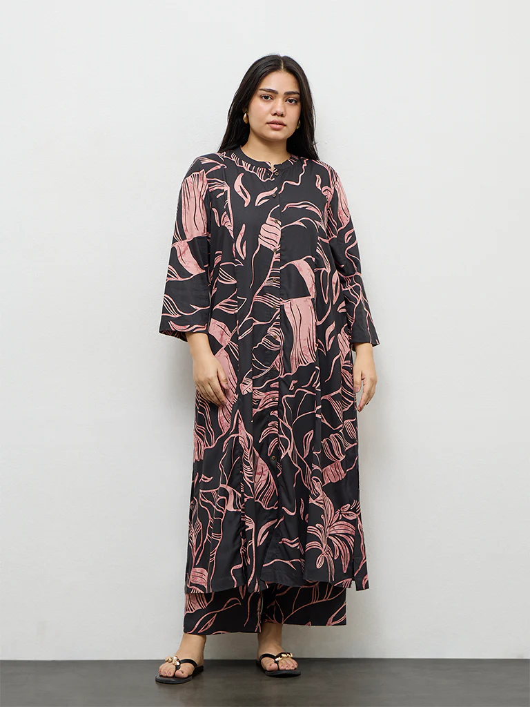 Diza Charcoal Leaf Pattern A-Line Kurta - Image 2