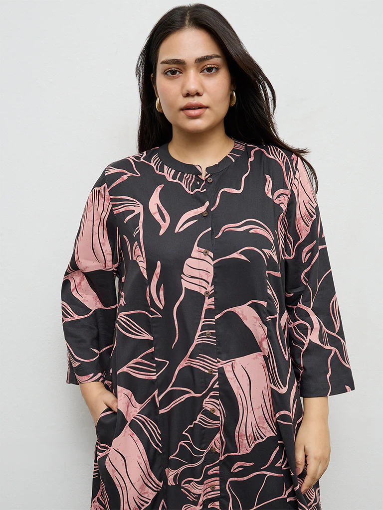 Diza Charcoal Leaf Pattern A-Line Kurta - Image 3