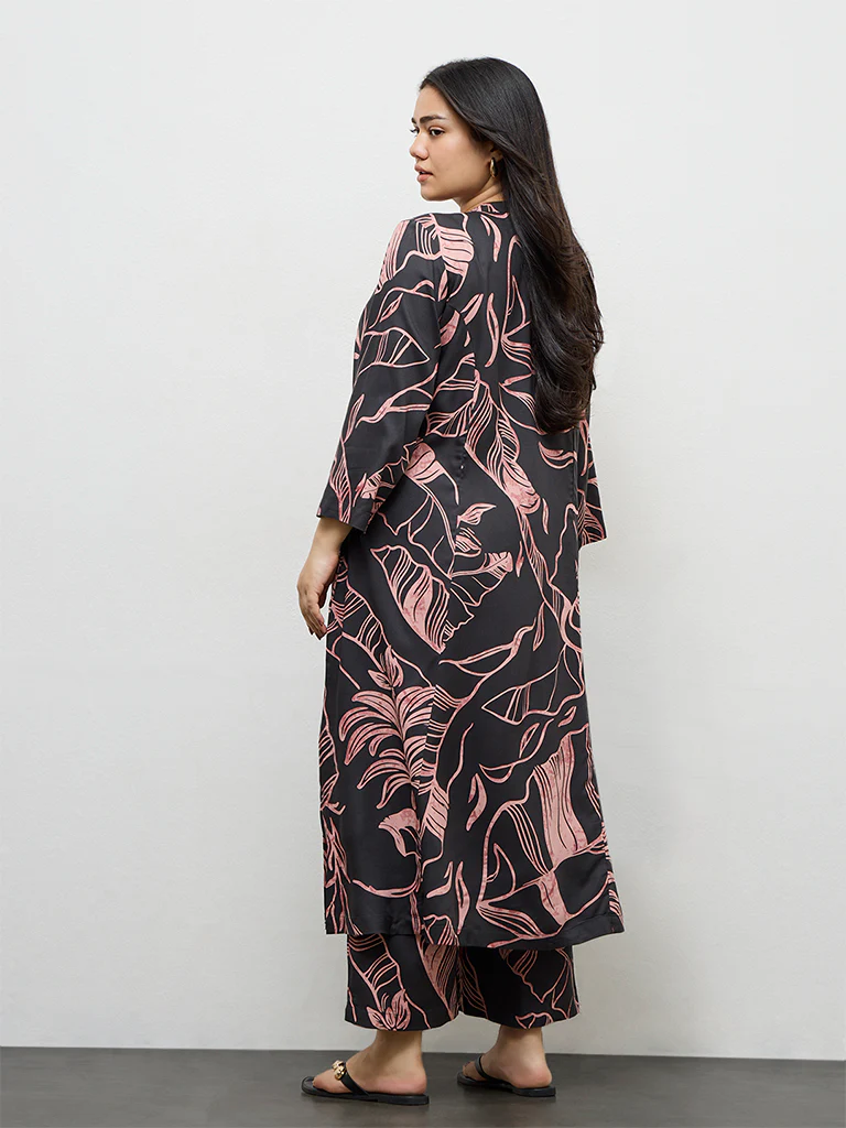 Diza Charcoal Leaf Pattern A-Line Kurta - Image 4