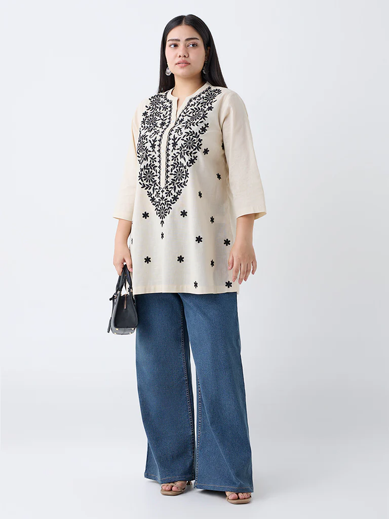 Diza Cream Floral Embroidered Cotton Kurti - Image 2