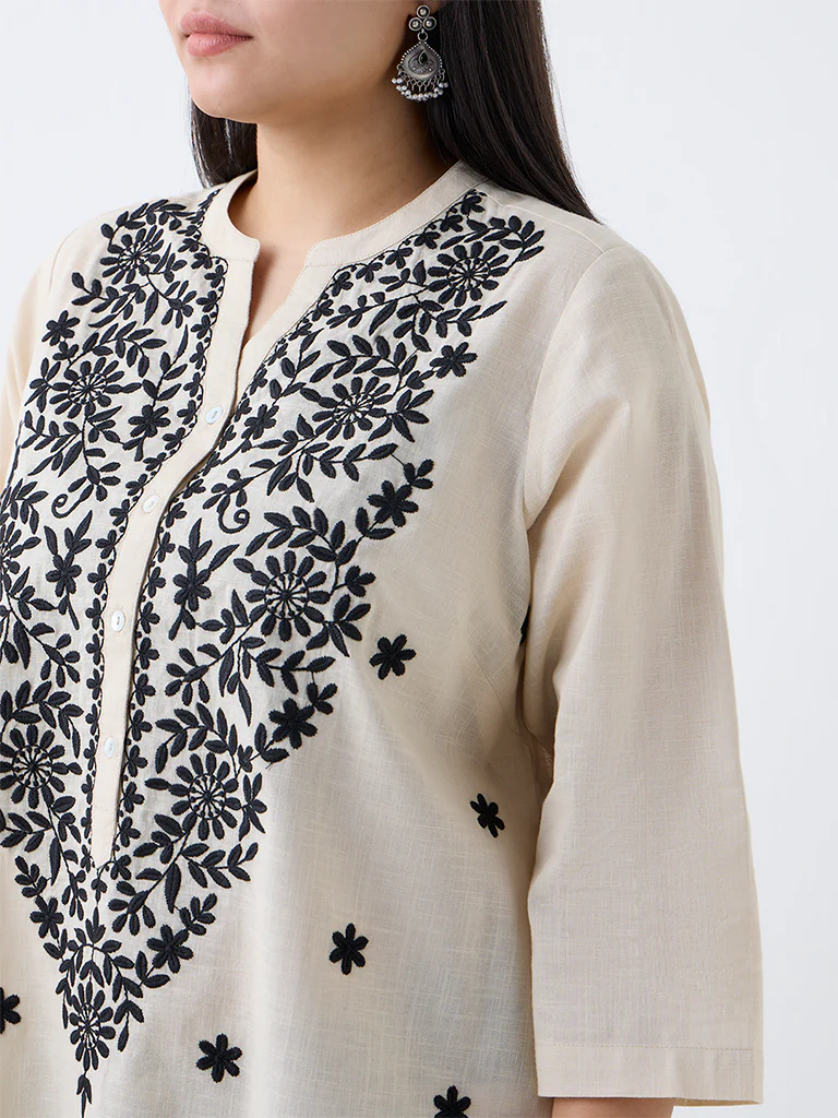 Diza Cream Floral Embroidered Cotton Kurti - Image 3