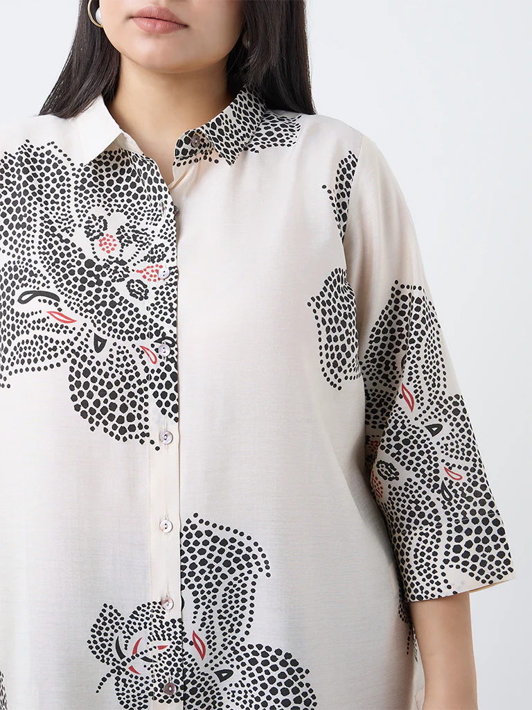 Diza Cream Floral Printed High-Low Tunic - Image 3