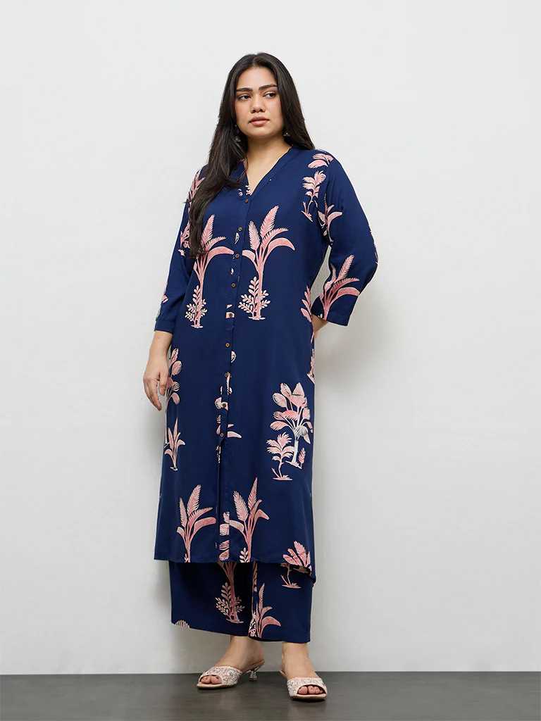 Diza Dark Blue Botanical Design A-Line Kurta