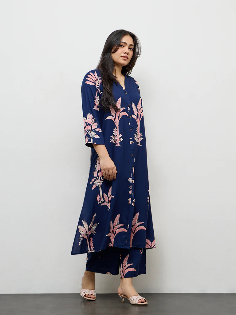 Diza Dark Blue Botanical Design A-Line Kurta - Image 2