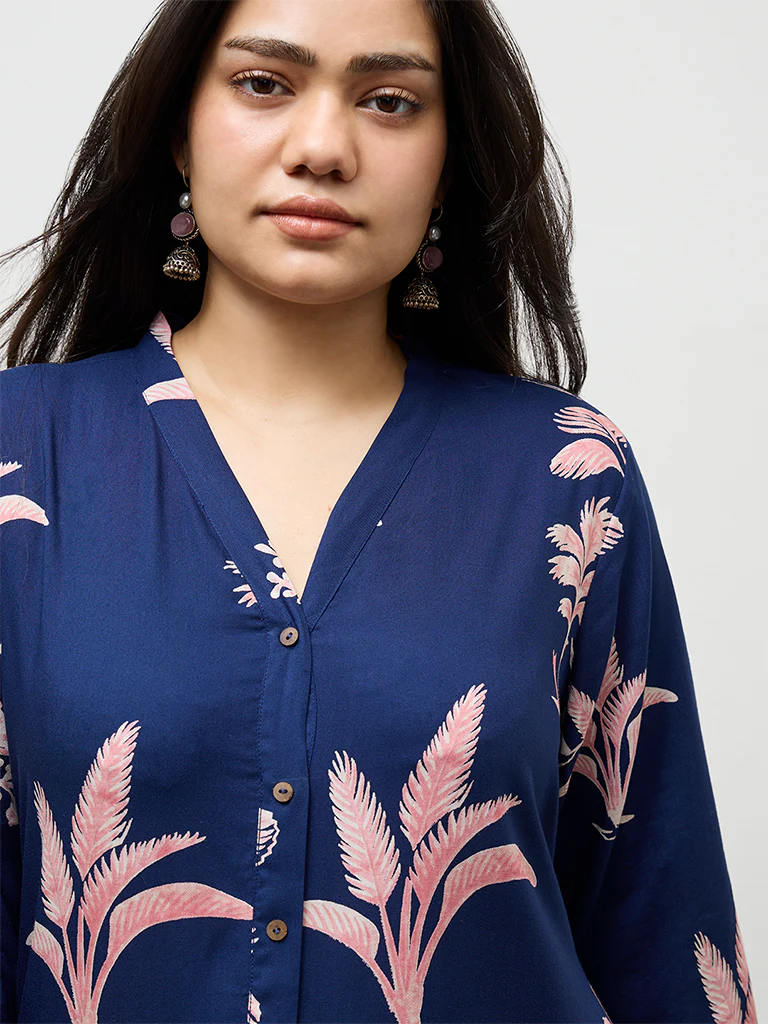 Diza Dark Blue Botanical Design A-Line Kurta - Image 3