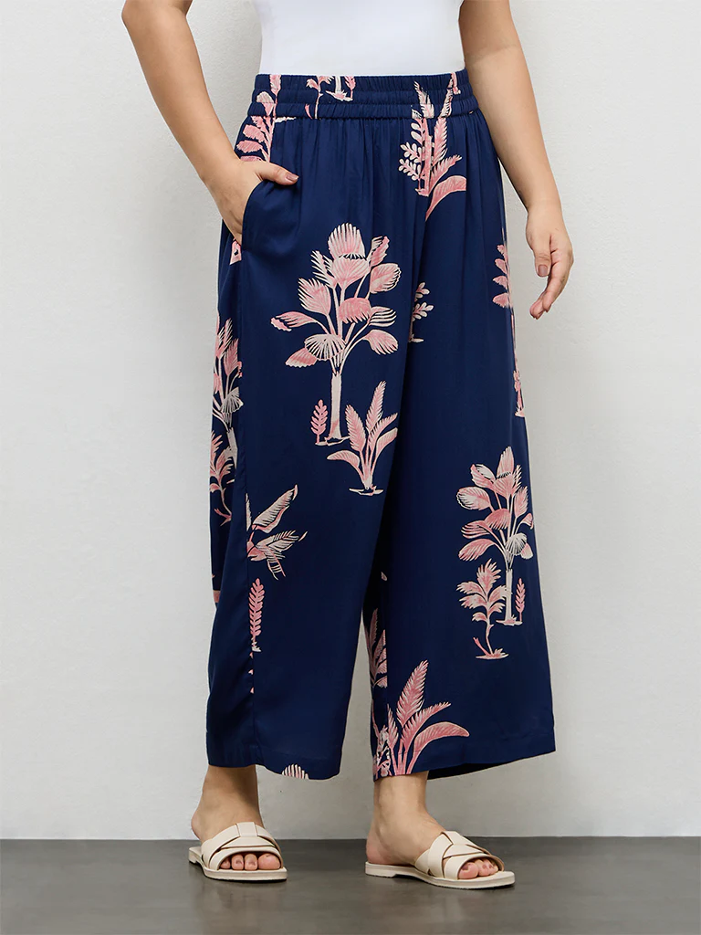 Diza Dark Blue Botanical Design Palazzos