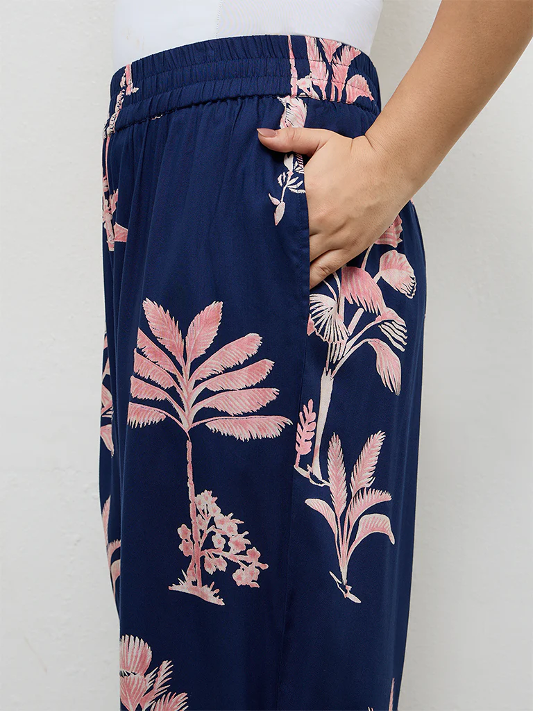 Diza Dark Blue Botanical Design Palazzos - Image 3