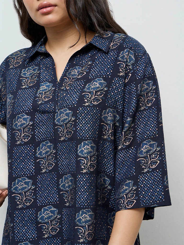 Diza Dark Blue Floral Printed High-Low Tunic - Image 3
