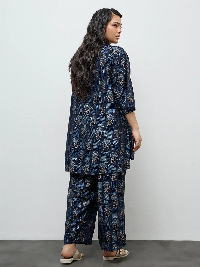 Diza Dark Blue Floral Printed High-Low Tunic - Image 4