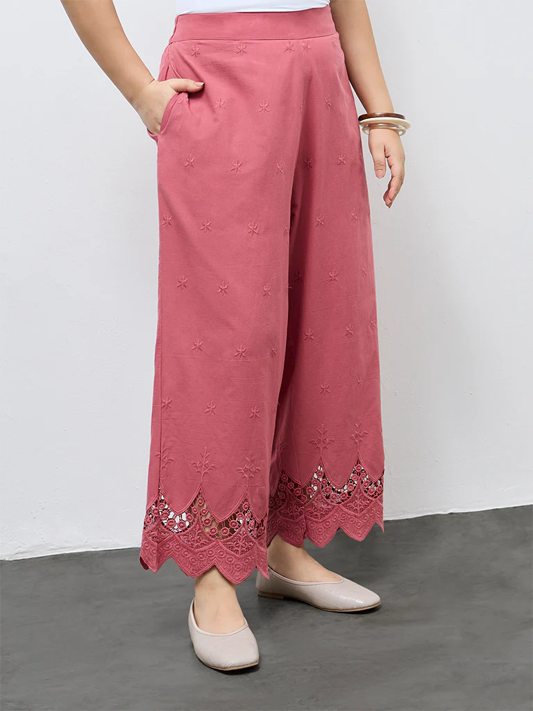 Diza Dusty Pink Embroidered Cotton Pants