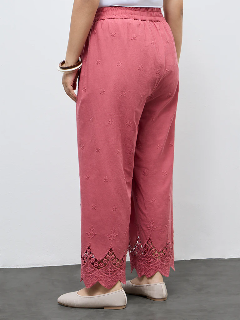 Diza Dusty Pink Embroidered Cotton Pants - Image 4