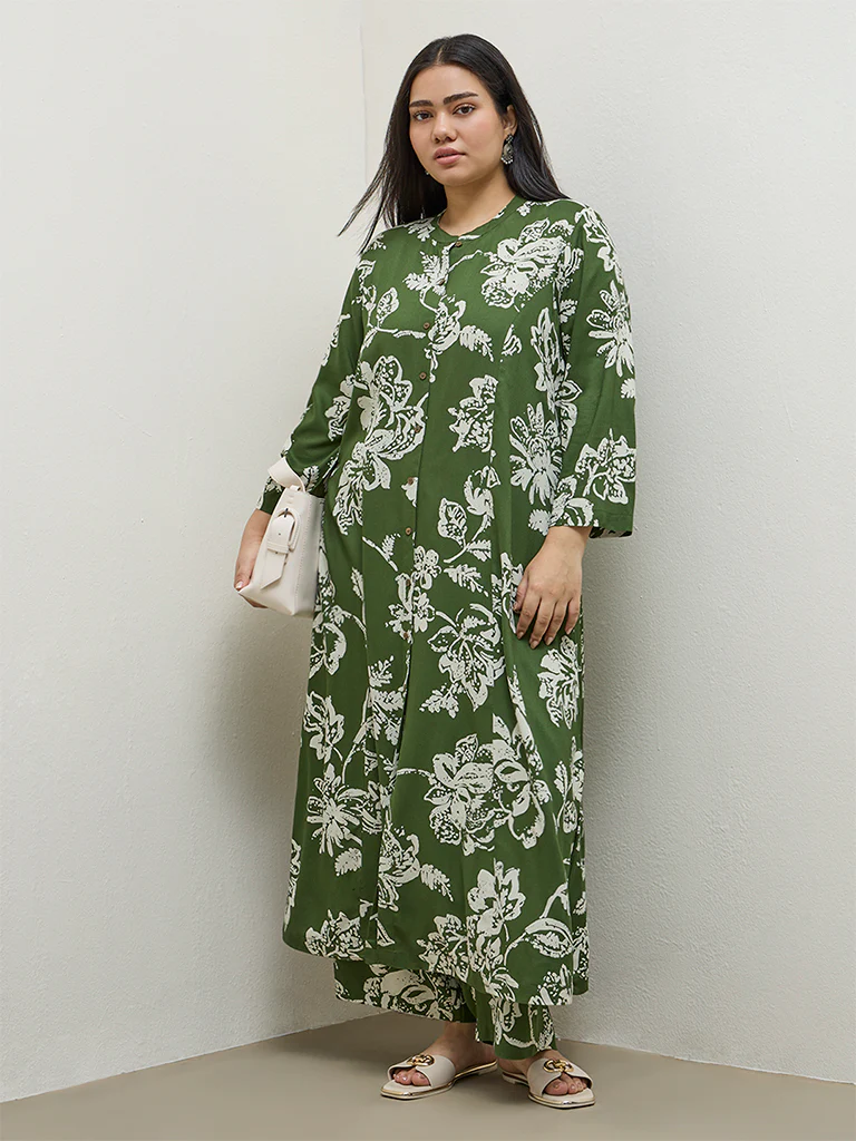 Diza Green Floral Pattern A-Line Kurta - Image 2