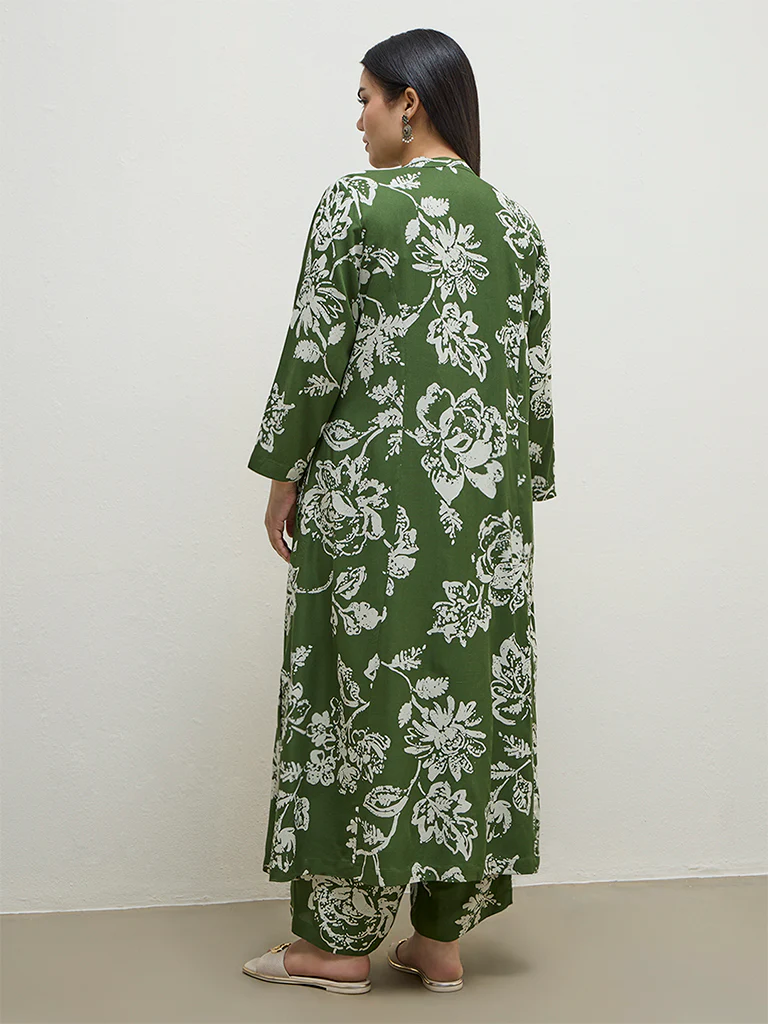 Diza Green Floral Pattern A-Line Kurta - Image 4