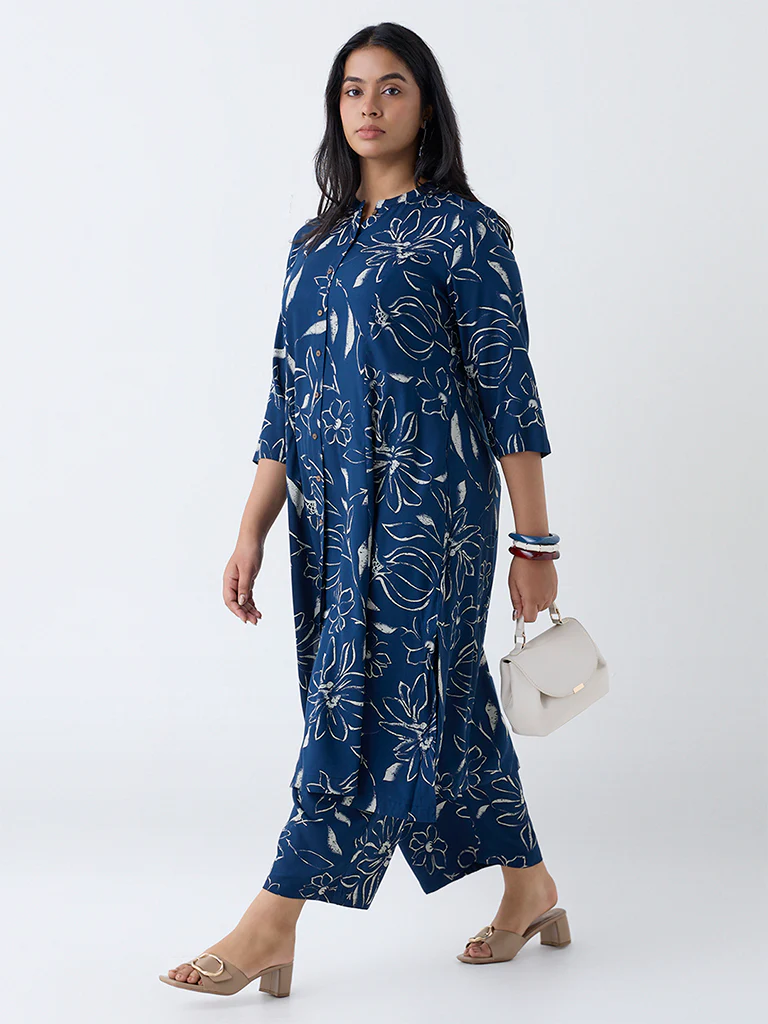 Diza Indigo Floral Design A-Line Kurta - Image 2