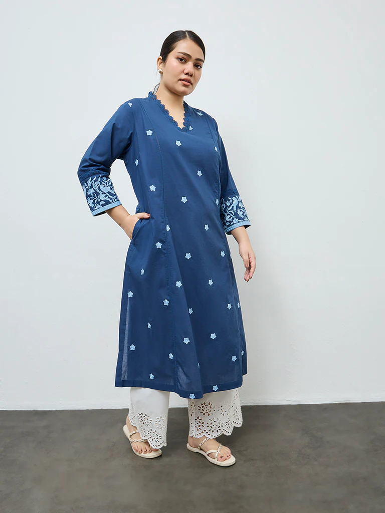 Diza Indigo Floral Embroidered Cotton A-Line Kurta - Image 2