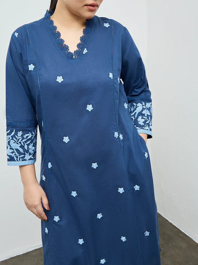 Diza Indigo Floral Embroidered Cotton A-Line Kurta - Image 3