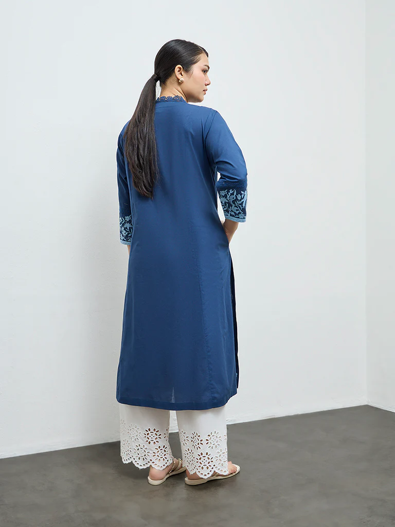 Diza Indigo Floral Embroidered Cotton A-Line Kurta - Image 4