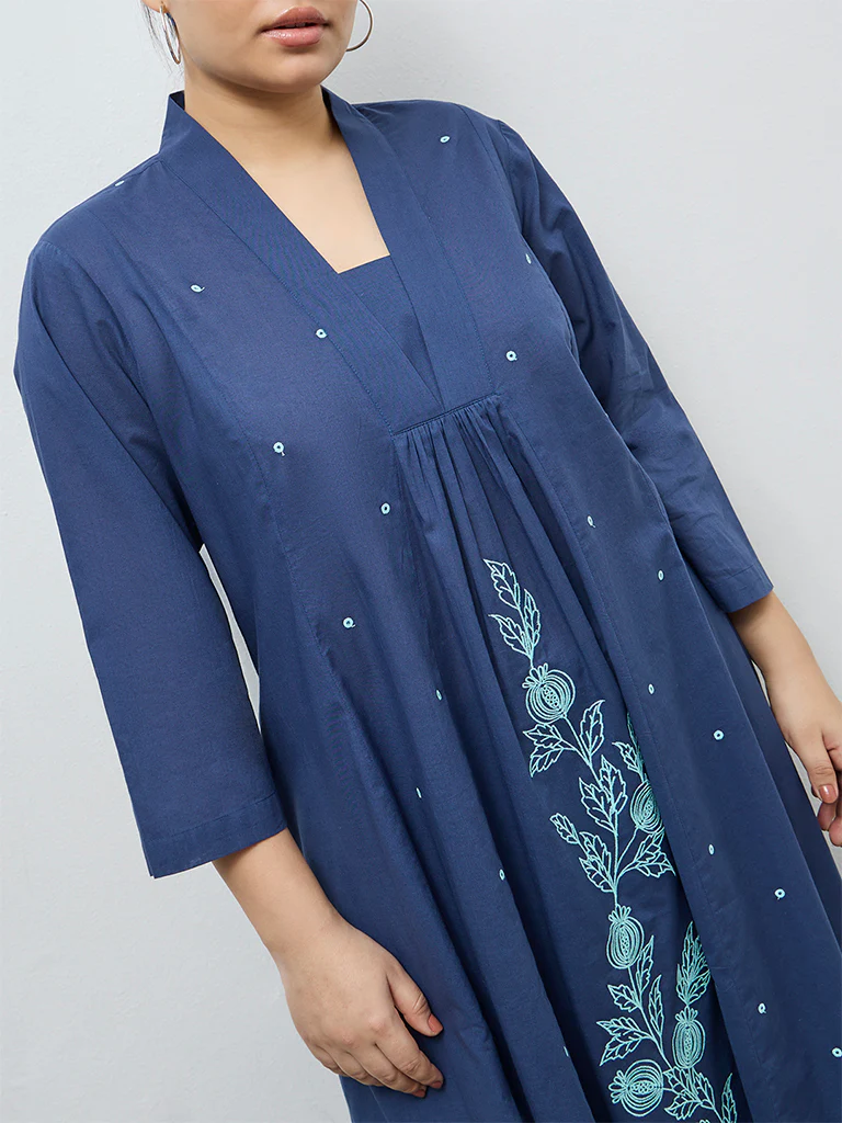 Diza Indigo Floral Embroidered Cotton A-Line Kurta - Image 3