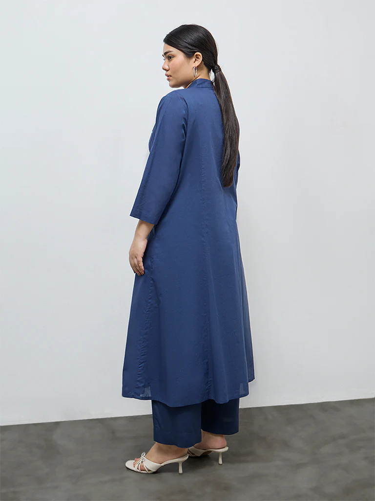Diza Indigo Floral Embroidered Cotton A-Line Kurta - Image 4