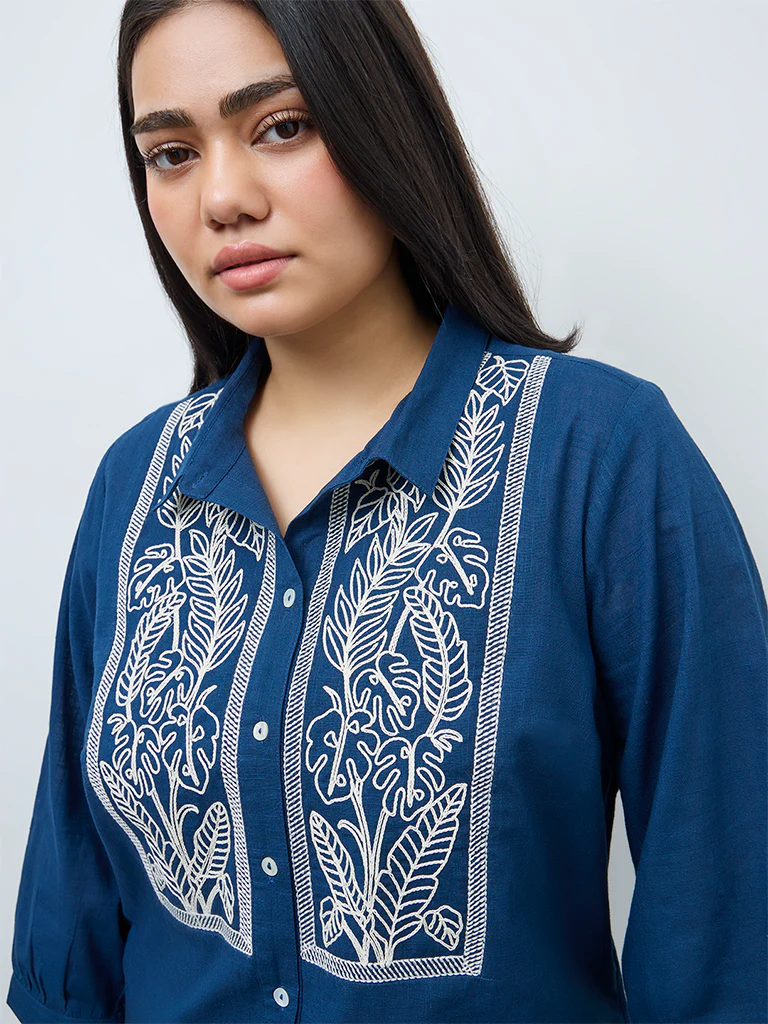 Diza Indigo Floral Embroidered Cotton Tunic - Image 3