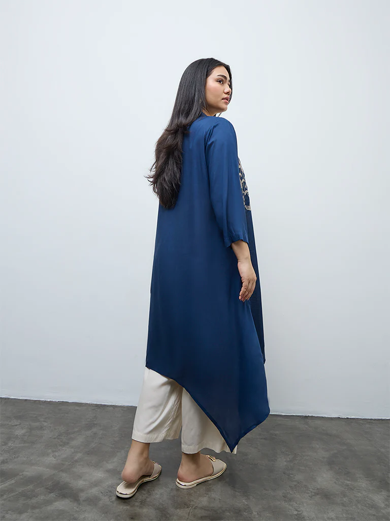 Diza Indigo Floral Embroidered High-Low Kurta - Image 4