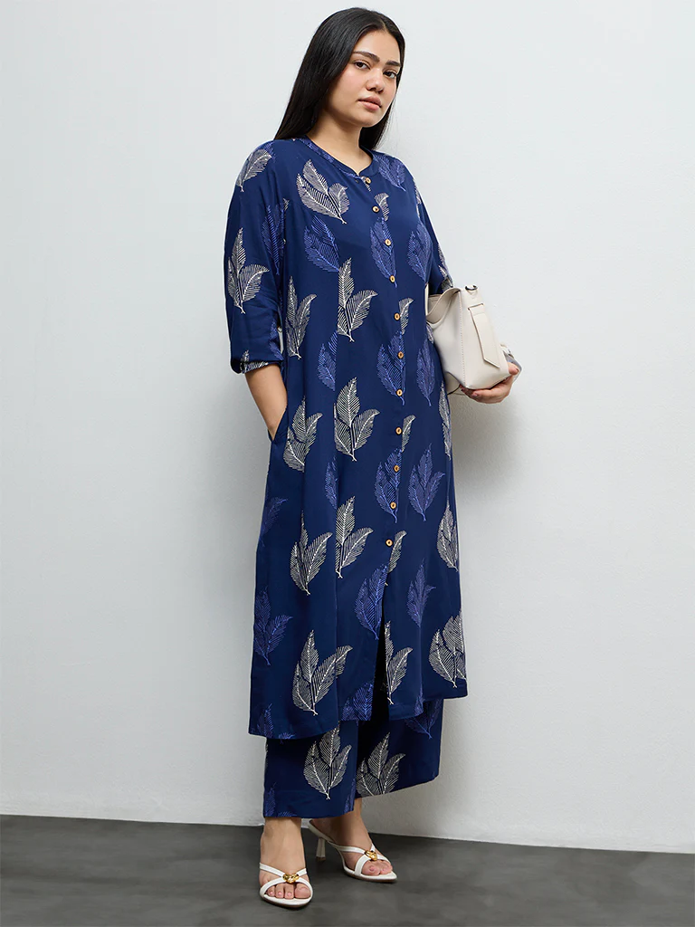 Diza Indigo Foliage Printed A-Line Kurta - Image 2
