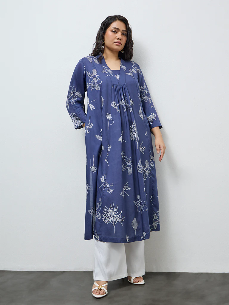 Diza Indigo Garden-Themed A-Line Kurta