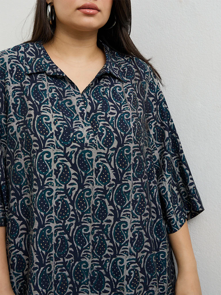 Diza Indigo Paisley Printed High-Low Tunic - Image 3