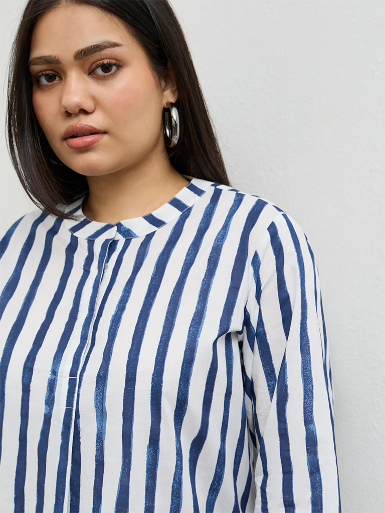 Diza Indigo Striped Cotton Straight Kurta - Image 3