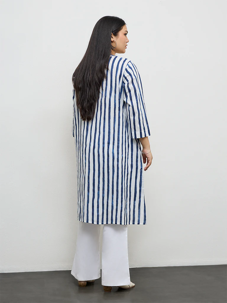 Diza Indigo Striped Cotton Straight Kurta - Image 4